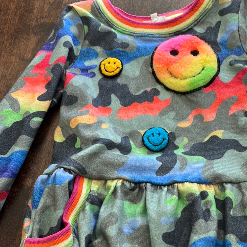 Colorful Camouflage Dress with Smiley Patches